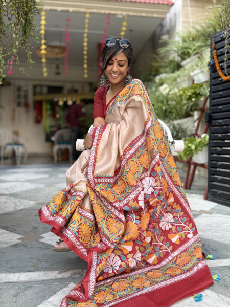 BEIGE KANTHA HAND EMBROIDERED TUSSAR  SILK SARI