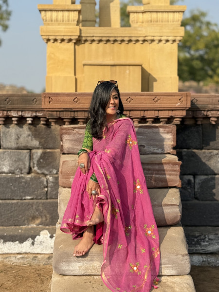 PINK KOTA COTTON HAND EMBROIDERED SARI
