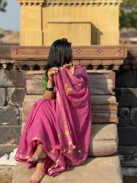 PINK KOTA COTTON HAND EMBROIDERED SARI