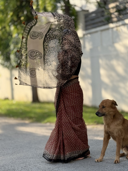 MAROON-BLACK HAND BLOCK PRINT COTTON KOTA SARI