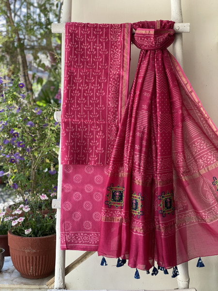 MAGENTA CHANDERI COTTON BLOCK PRINT EMBROIDERED DUPATTA SET