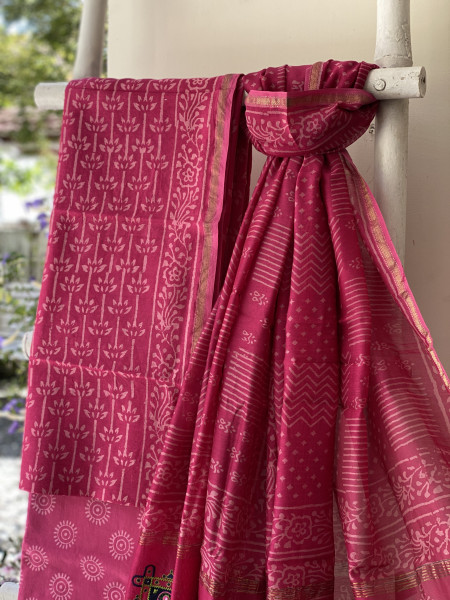 MAGENTA CHANDERI COTTON BLOCK PRINT EMBROIDERED DUPATTA SET