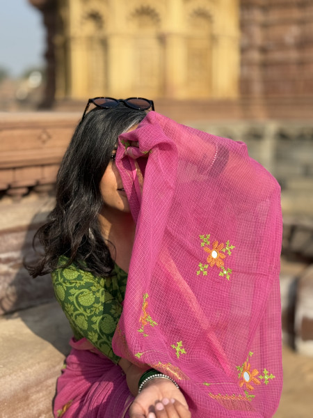 PINK KOTA COTTON HAND EMBROIDERED SARI