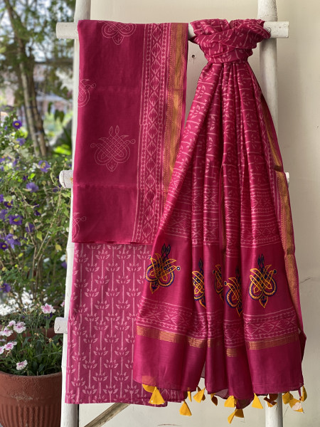 MAGENTA CHANDERI COTTON BLOCK PRINT EMBROIDERED DUPATTA SET