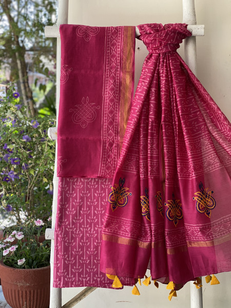 MAGENTA CHANDERI COTTON BLOCK PRINT EMBROIDERED DUPATTA SET