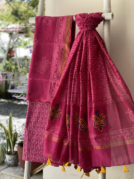 MAGENTA CHANDERI COTTON BLOCK PRINT EMBROIDERED DUPATTA SET