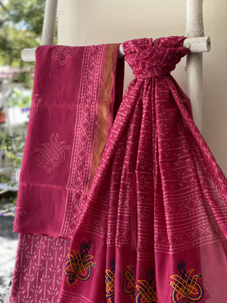 MAGENTA CHANDERI COTTON BLOCK PRINT EMBROIDERED DUPATTA SET
