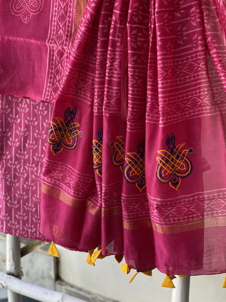 MAGENTA CHANDERI COTTON BLOCK PRINT EMBROIDERED DUPATTA SET