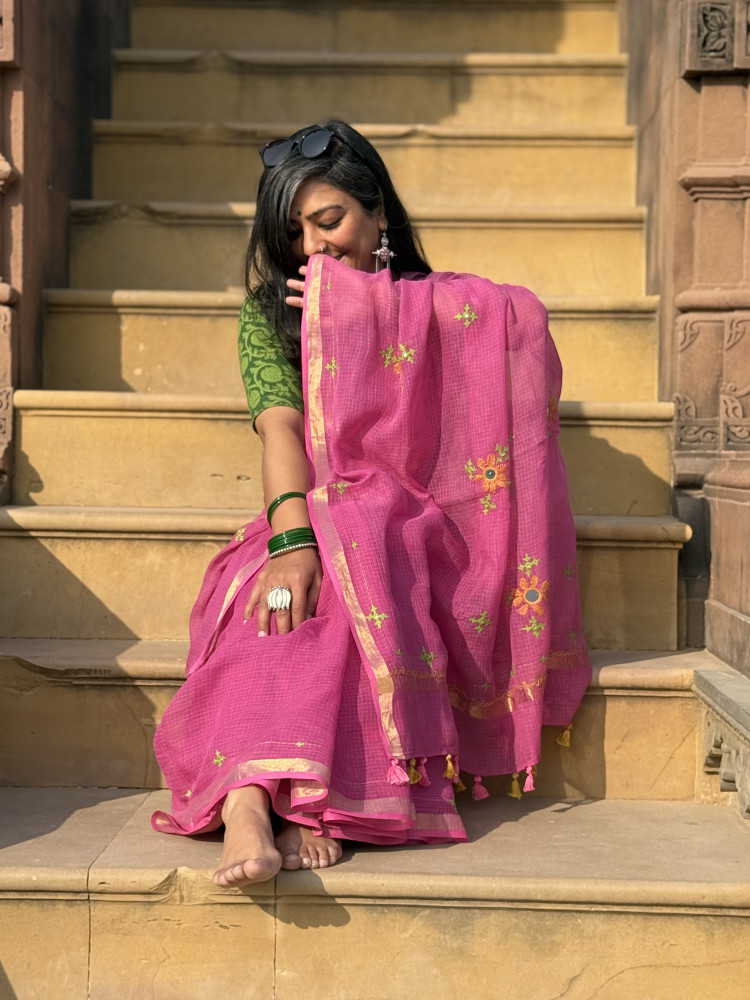 Image of PINK KOTA COTTON HAND EMBROIDERED SARI