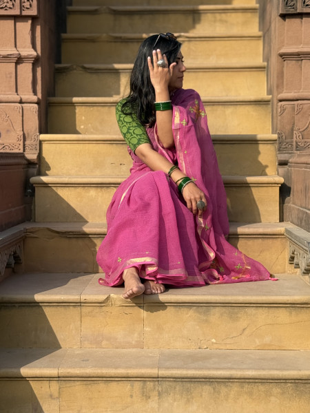 PINK KOTA COTTON HAND EMBROIDERED SARI