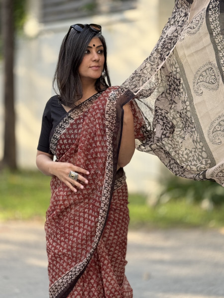 MAROON-BLACK HAND BLOCK PRINT COTTON KOTA SARI