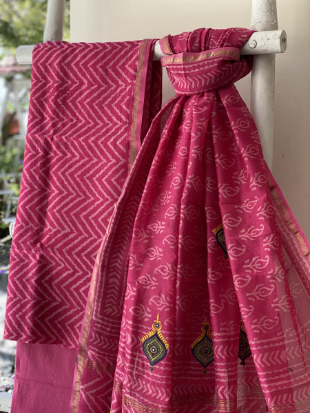MAGENTA CHANDERI COTTON BLOCK PRINT EMBROIDERED DUPATTA SET