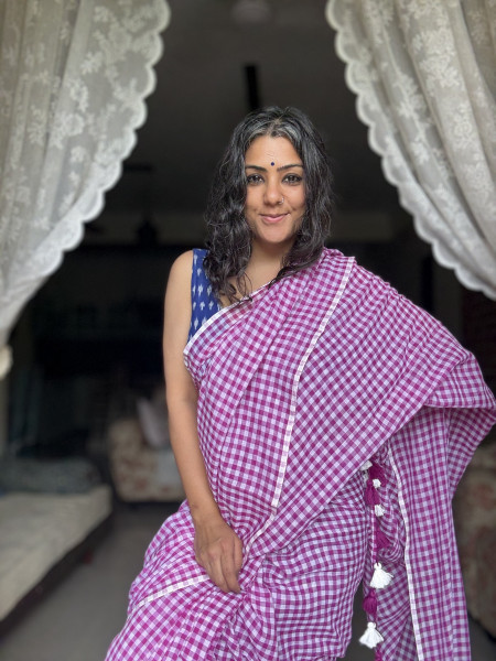 WINE GINGHAM CHECKS  MULMUL COTTON SARI