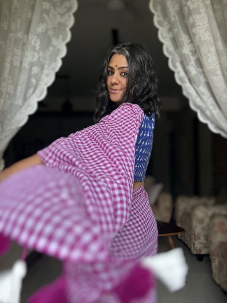 WINE GINGHAM CHECKS  MULMUL COTTON SARI