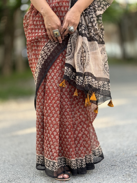 MAROON-BLACK HAND BLOCK PRINT COTTON KOTA SARI
