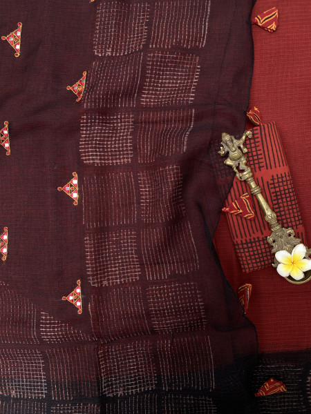 MAROON-BLACK HAND BLOCK PRINT EMBROIDERED COTTON KOTA SARI