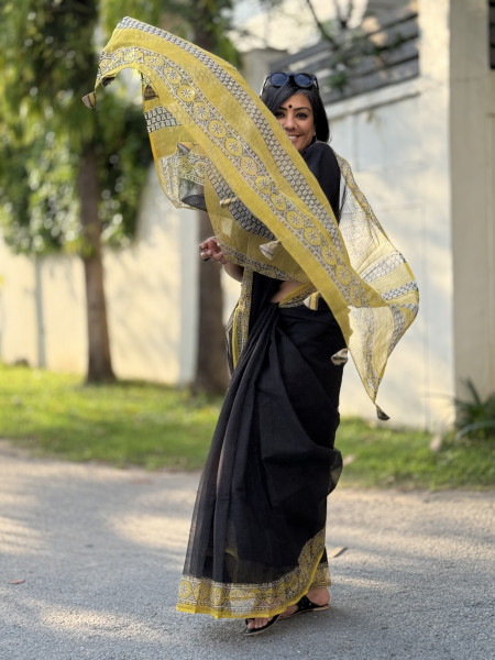 BLACK HAND BLOCK PRINT COTTON KOTA SARI