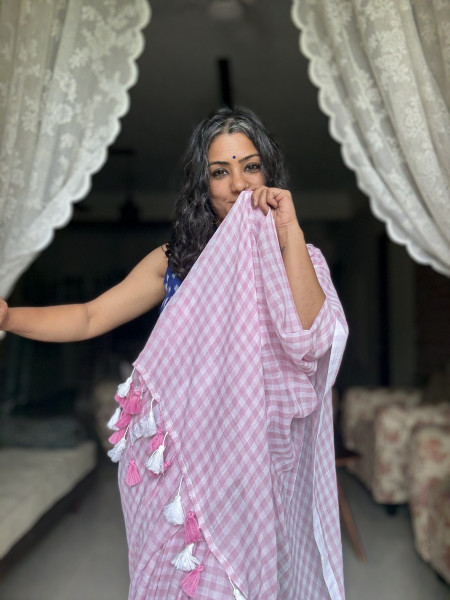 POWDER PINK GINGHAM CHECKS  MULMUL COTTON SARI
