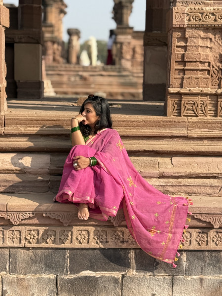 PINK KOTA COTTON HAND EMBROIDERED SARI