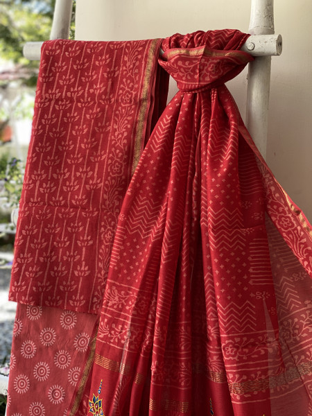 RED CHANDERI COTTON BLOCK PRINT EMBROIDERED DUPATTA SET