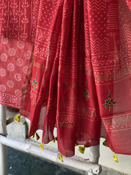 RED CHANDERI COTTON BLOCK PRINT EMBROIDERED DUPATTA SET