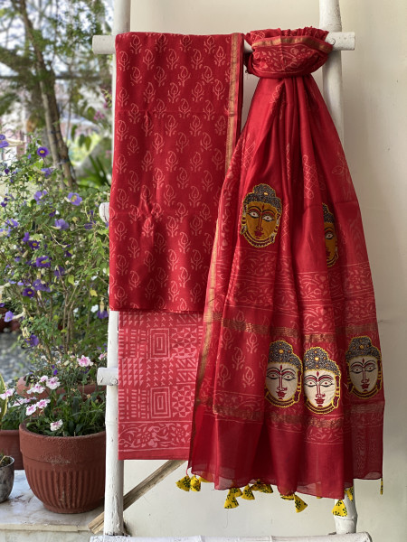 RED CHANDERI COTTON BLOCK PRINT EMBROIDERED DUPATTA SET