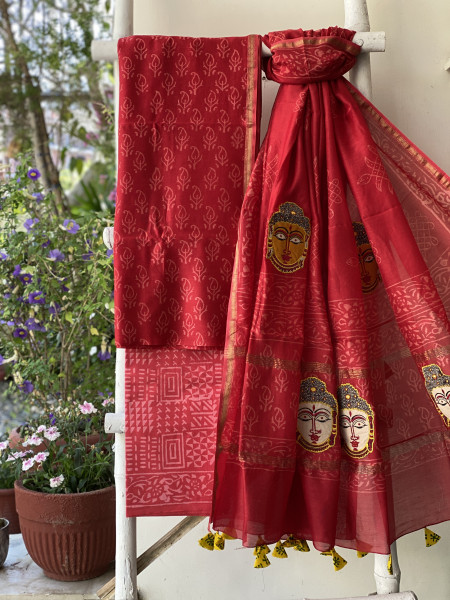 RED CHANDERI COTTON BLOCK PRINT EMBROIDERED DUPATTA SET