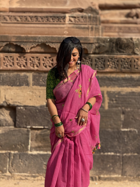 PINK KOTA COTTON HAND EMBROIDERED SARI
