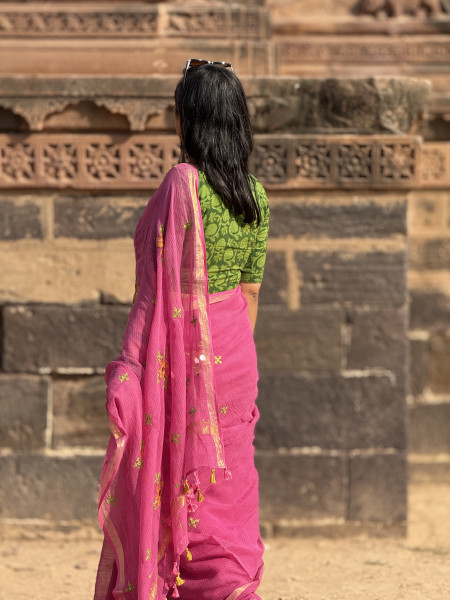 PINK KOTA COTTON HAND EMBROIDERED SARI