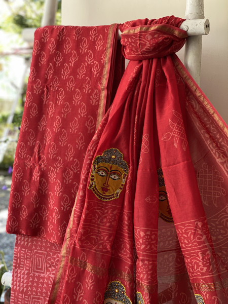 RED CHANDERI COTTON BLOCK PRINT EMBROIDERED DUPATTA SET