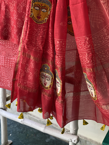 RED CHANDERI COTTON BLOCK PRINT EMBROIDERED DUPATTA SET