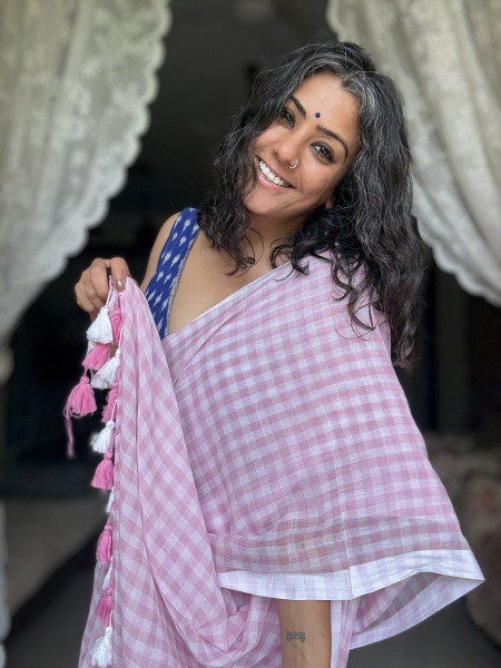POWDER PINK GINGHAM CHECKS  MULMUL COTTON SARI