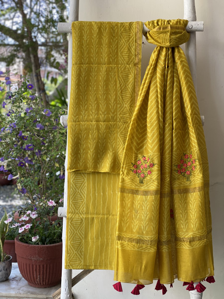 YELLOW CHANDERI COTTON BLOCK PRINT EMBROIDERED DUPATTA SET
