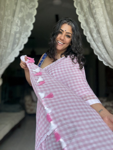 POWDER PINK GINGHAM CHECKS  MULMUL COTTON SARI