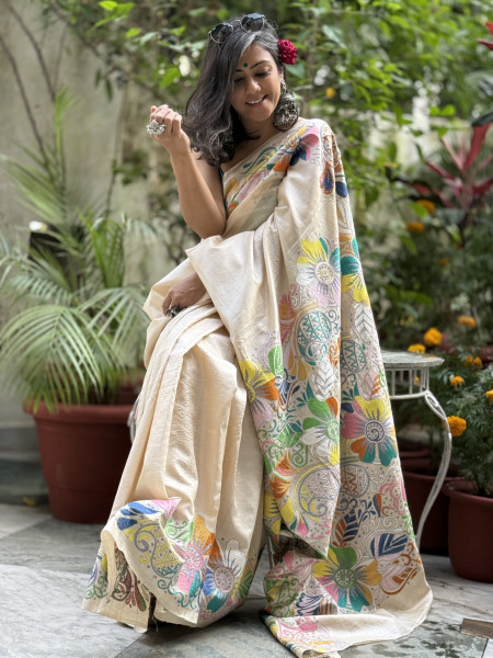 BEIGE KANTHA HAND EMBROIDERED TUSSAR  SILK SARI