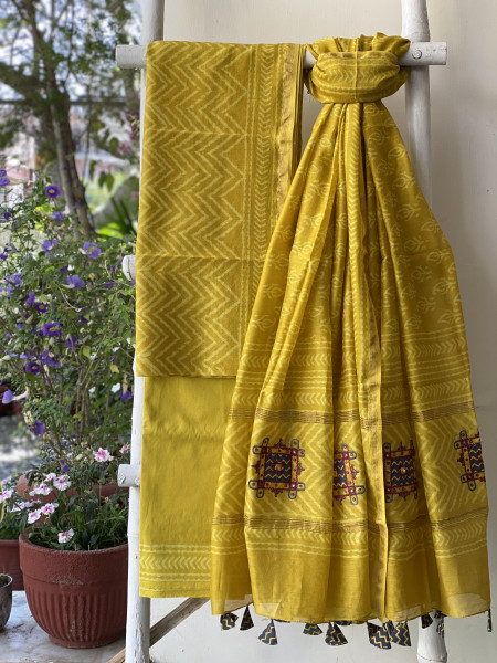YELLOW CHANDERI COTTON BLOCK PRINT EMBROIDERED DUPATTA SET