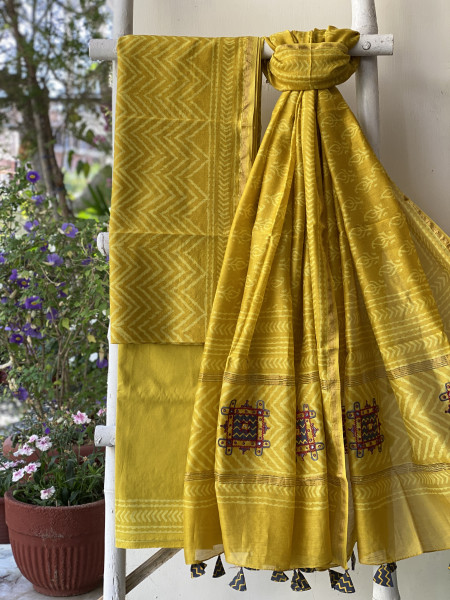 YELLOW CHANDERI COTTON BLOCK PRINT EMBROIDERED DUPATTA SET