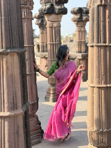 PINK KOTA COTTON HAND EMBROIDERED SARI