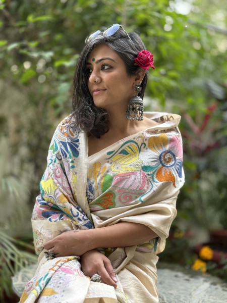 BEIGE KANTHA HAND EMBROIDERED TUSSAR  SILK SARI