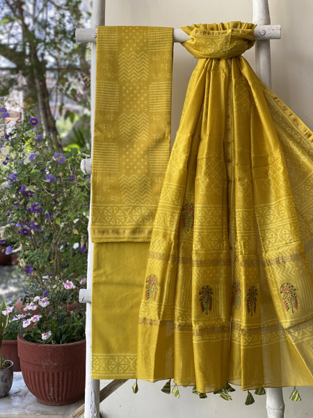 YELLOW CHANDERI COTTON BLOCK PRINT EMBROIDERED DUPATTA SET