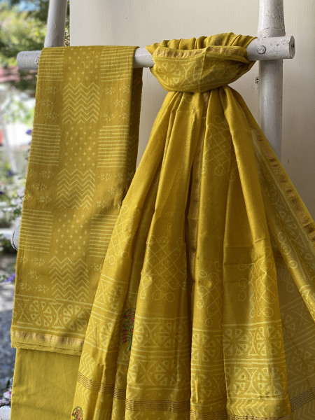 YELLOW CHANDERI COTTON BLOCK PRINT EMBROIDERED DUPATTA SET