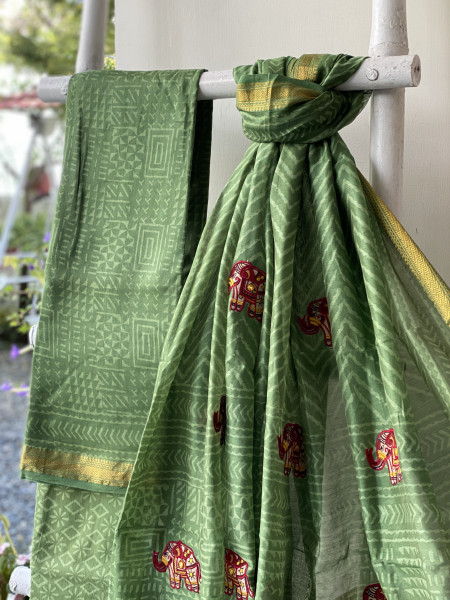 GREEN CHANDERI COTTON BLOCK PRINT EMBROIDERED DUPATTA SET