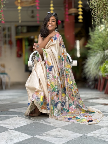 BEIGE KANTHA HAND EMBROIDERED TUSSAR  SILK SARI