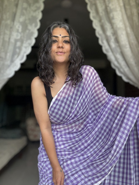 PURPLE GINGHAM CHECKS  MULMUL COTTON SARI