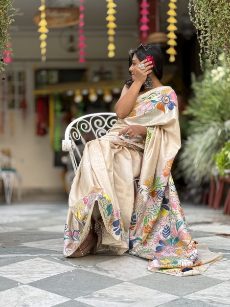 BEIGE KANTHA HAND EMBROIDERED TUSSAR  SILK SARI