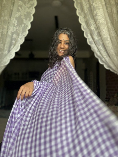 PURPLE GINGHAM CHECKS  MULMUL COTTON SARI