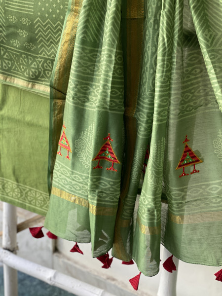 GREEN CHANDERI COTTON BLOCK PRINT EMBROIDERED DUPATTA SET