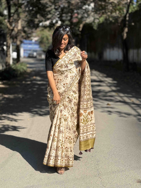 OFF WHITE-OLIVE BLOCK PRINT TUSSAR SILK SARI