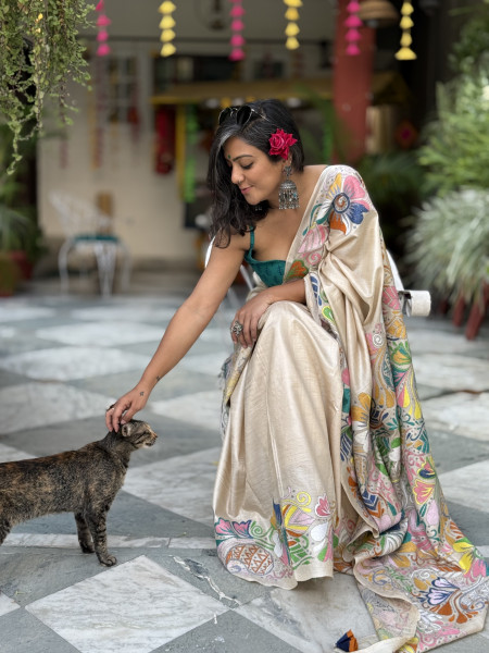 BEIGE KANTHA HAND EMBROIDERED TUSSAR  SILK SARI