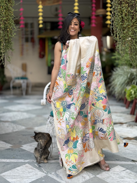 BEIGE KANTHA HAND EMBROIDERED TUSSAR  SILK SARI